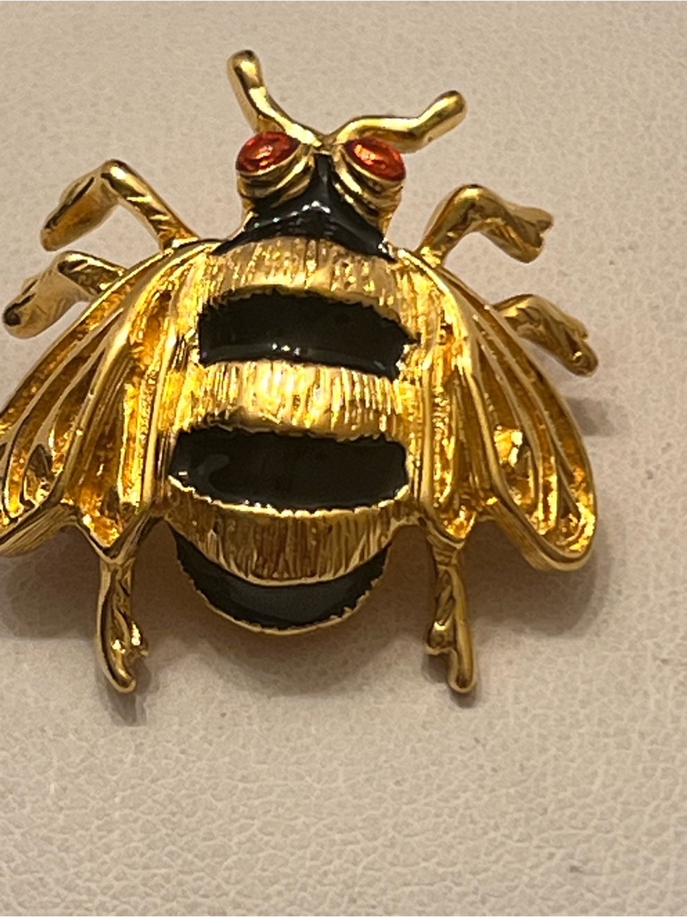Gold and Black Bee Brooch with Red Accent Eyes - Women's Jewelry
